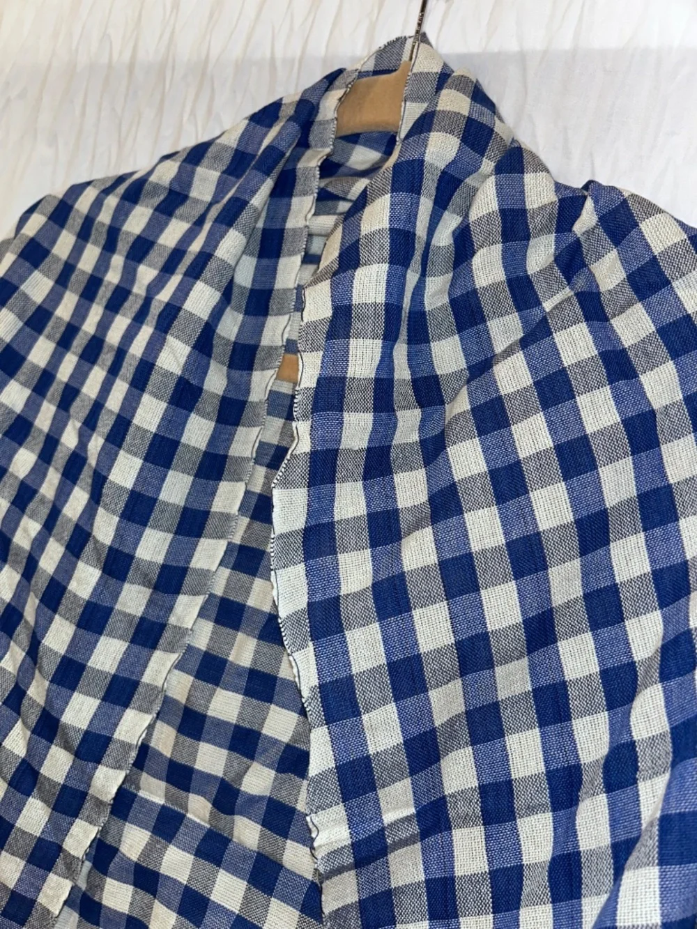 blue white linen gingham check plaid stripes tassel trim scarf wrap